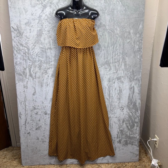 NWT Judith March Strapless Polka Dot Maxi Dress Brown Ruffle Slit Small Boho